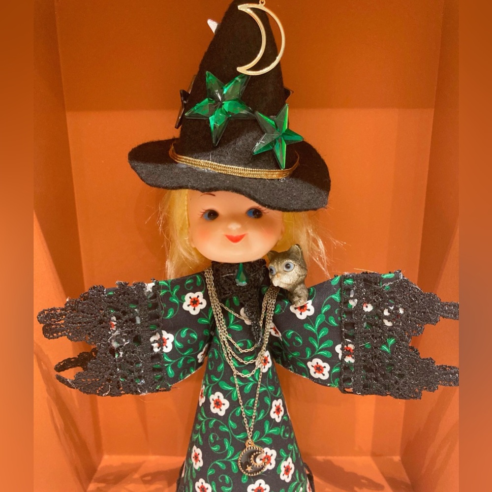 Vintage Angel Retro Witch Cone Doll with Black Hat and Green Accents